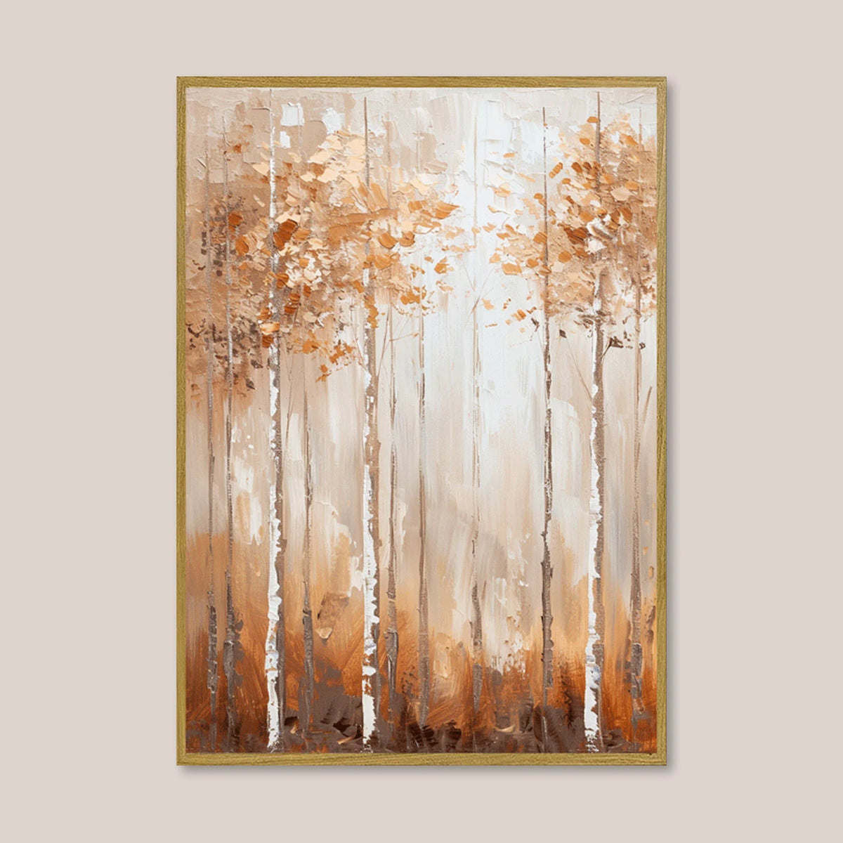 Textured fall woodland artwork, tall birch trees bathed in muted sepia autumn light.