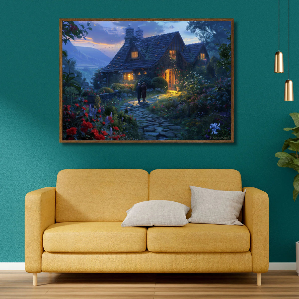 Printed art piece showing quaint storybook cottage, vibrant flower‑filled gardens and distant rolling hills during evening dusk
