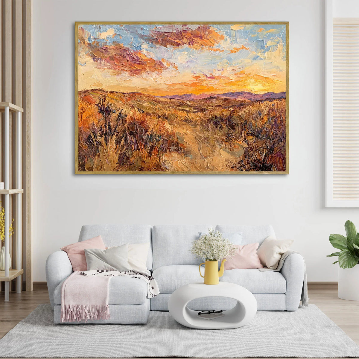 A canvas artwork featuring a sunset in the American West, depicting richly textured, vibrantly colored clouds