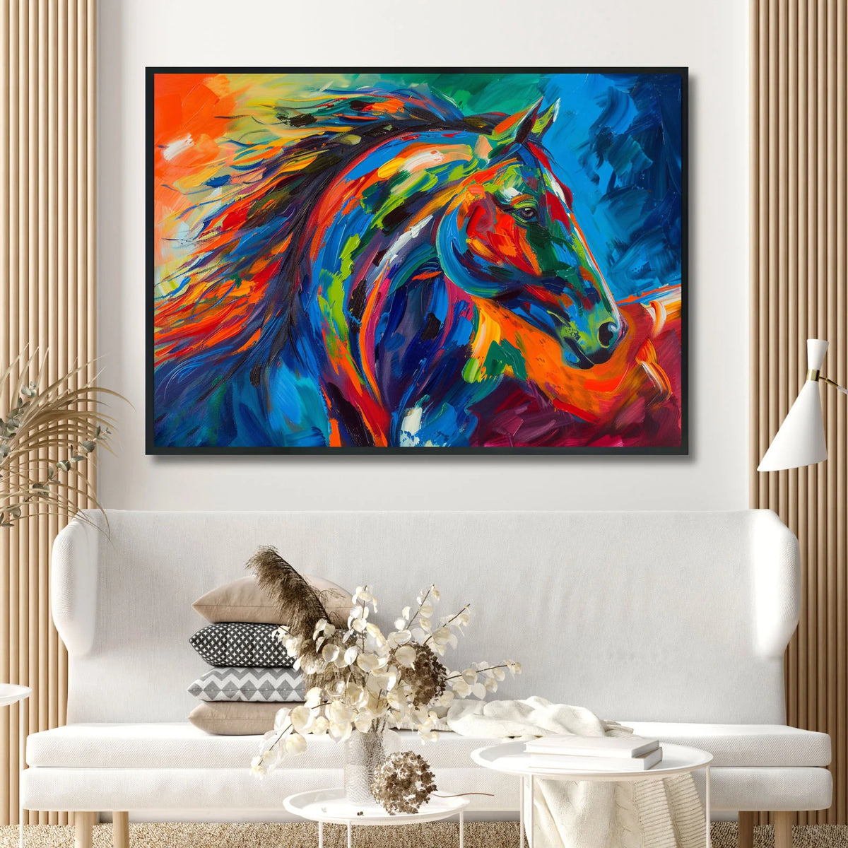 Colorful horse wall art, bold abstract equine painting with thick brushstrokes