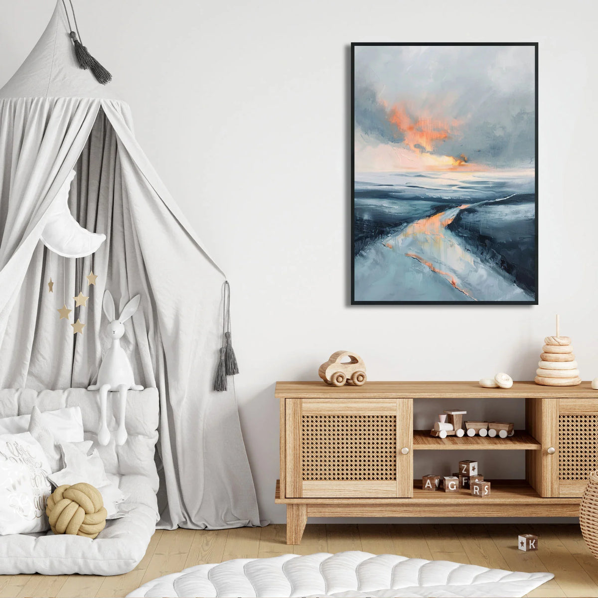 Scandinavian river wall art, textured painting of sunset reflected on river water