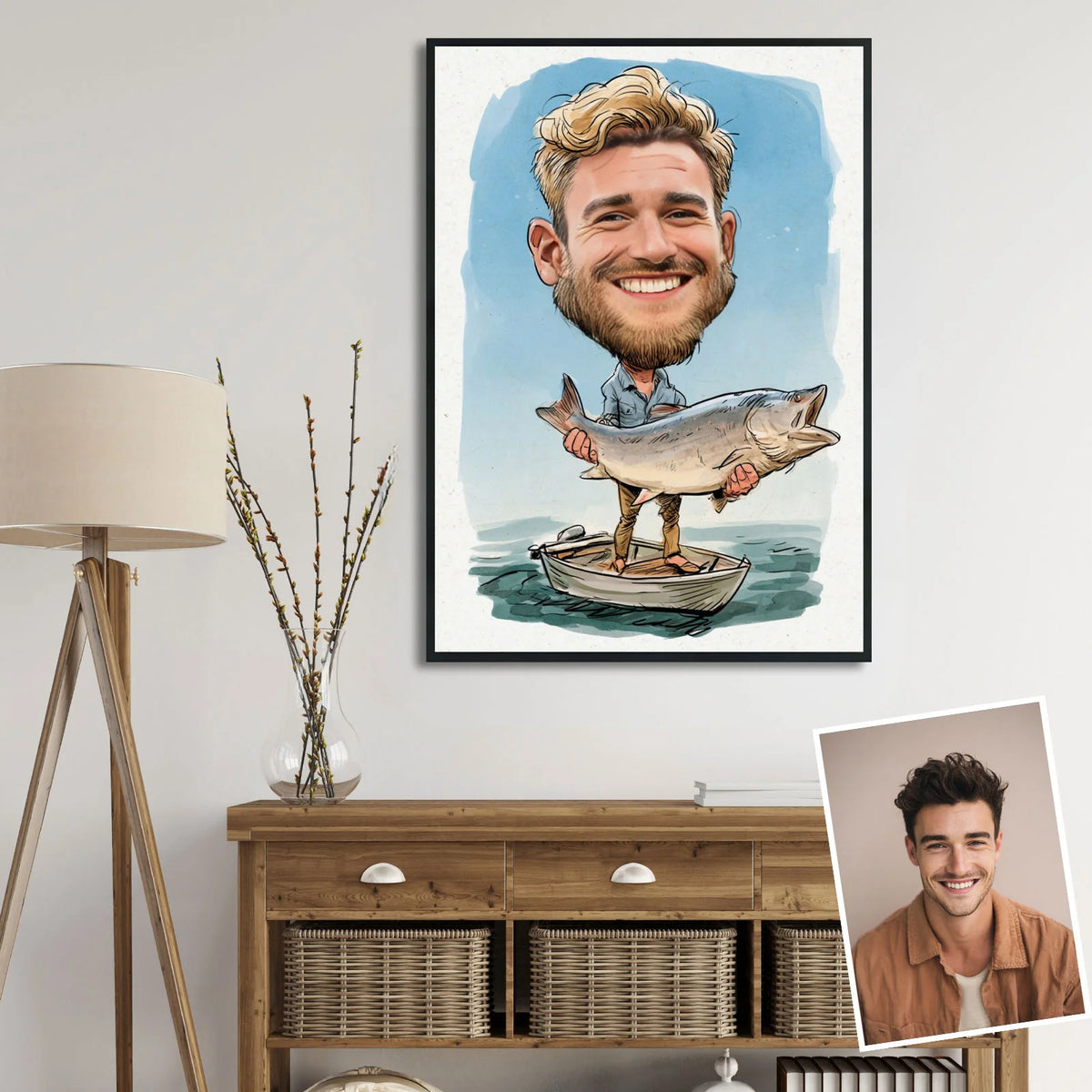 Caricature portrait of bearded fisherman holding huge fish on small boat, custom fishing gift