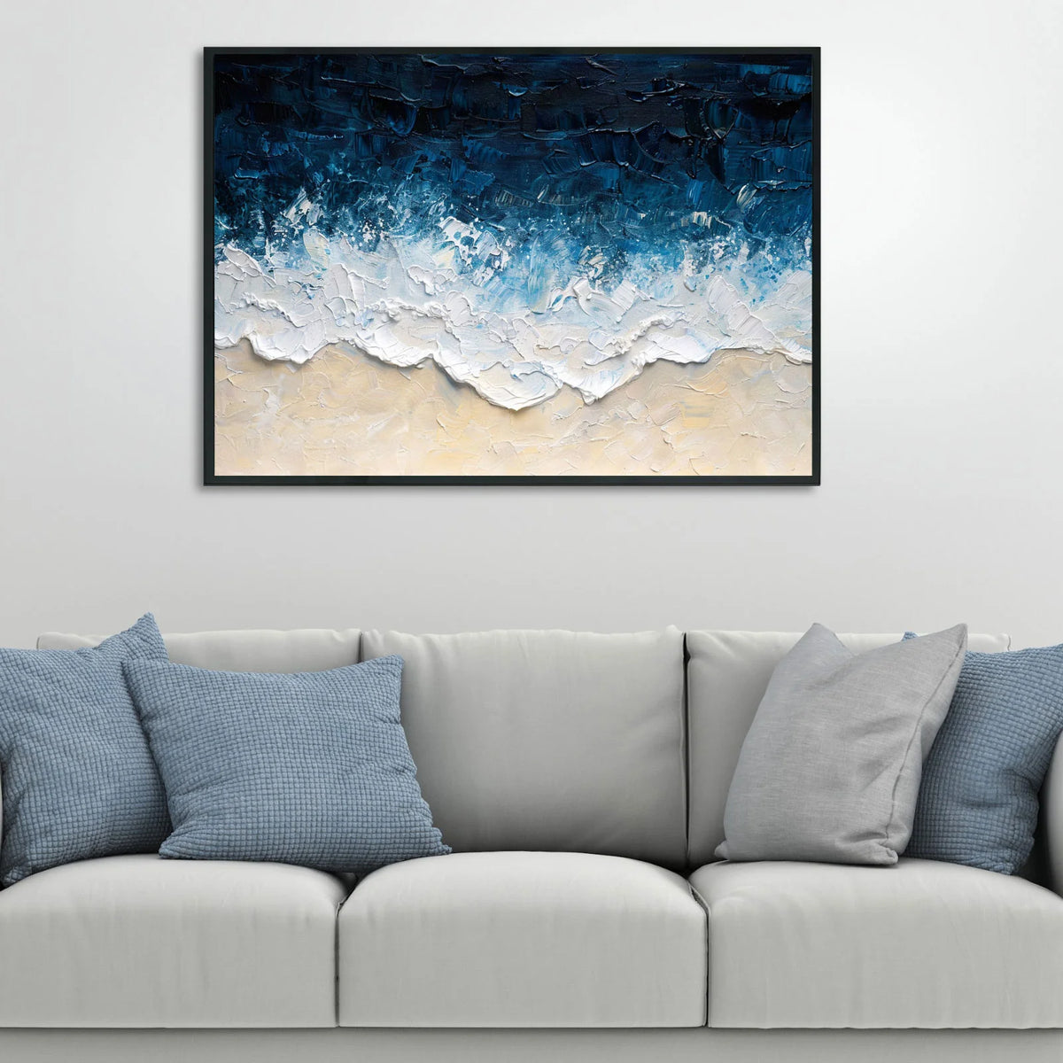 Modern ocean canvas, thick waves crashing on golden sand