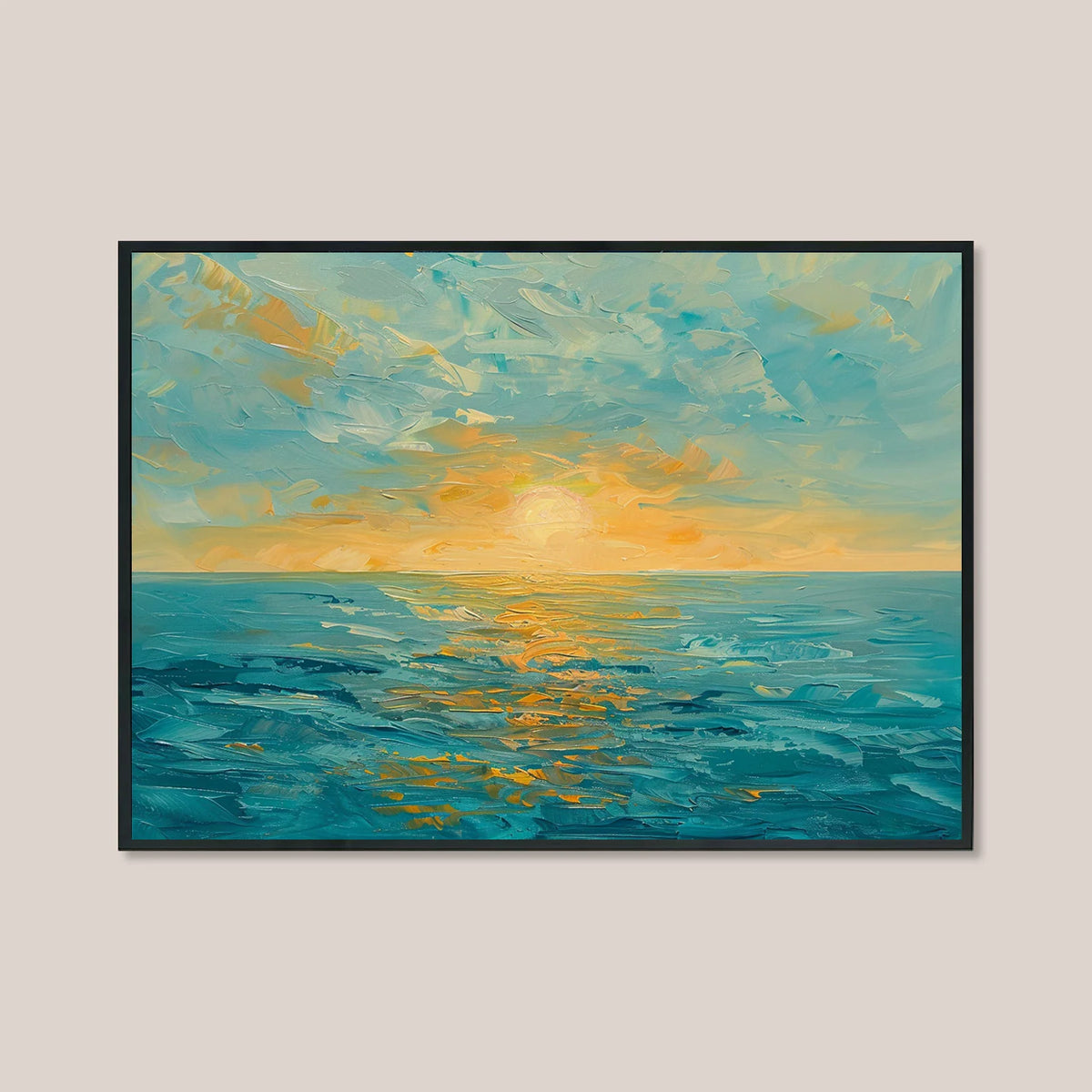 Thick impasto ocean sunset painting, turquoise sea wall art