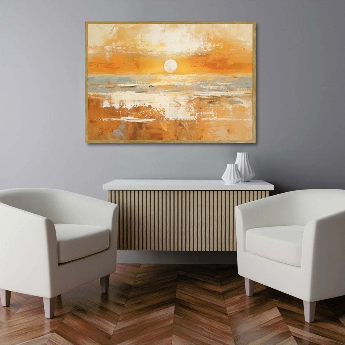 Amber abstract coastal sunset artwork with round white sun for bedroom wall decor