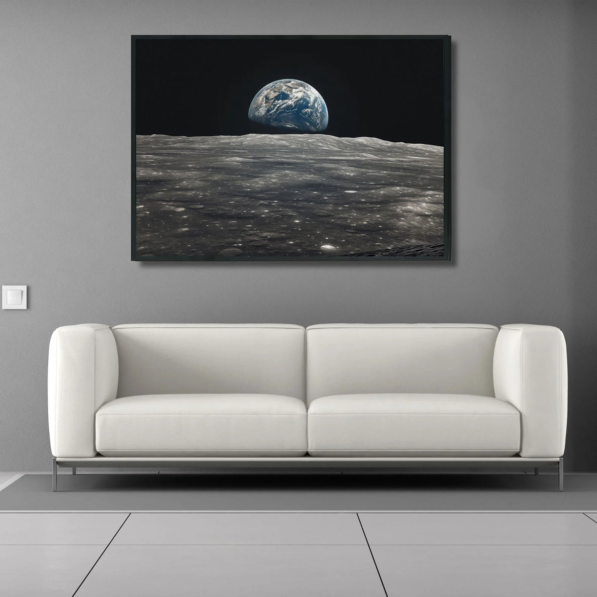 Space wall art view of earth rising above cratered moon surface for modern space themed room decor