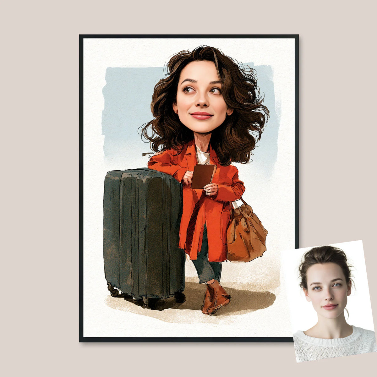 A watercolor sketch of a caricature portrait depicting a woman who loves to travel, pulling a wheeled suitcase