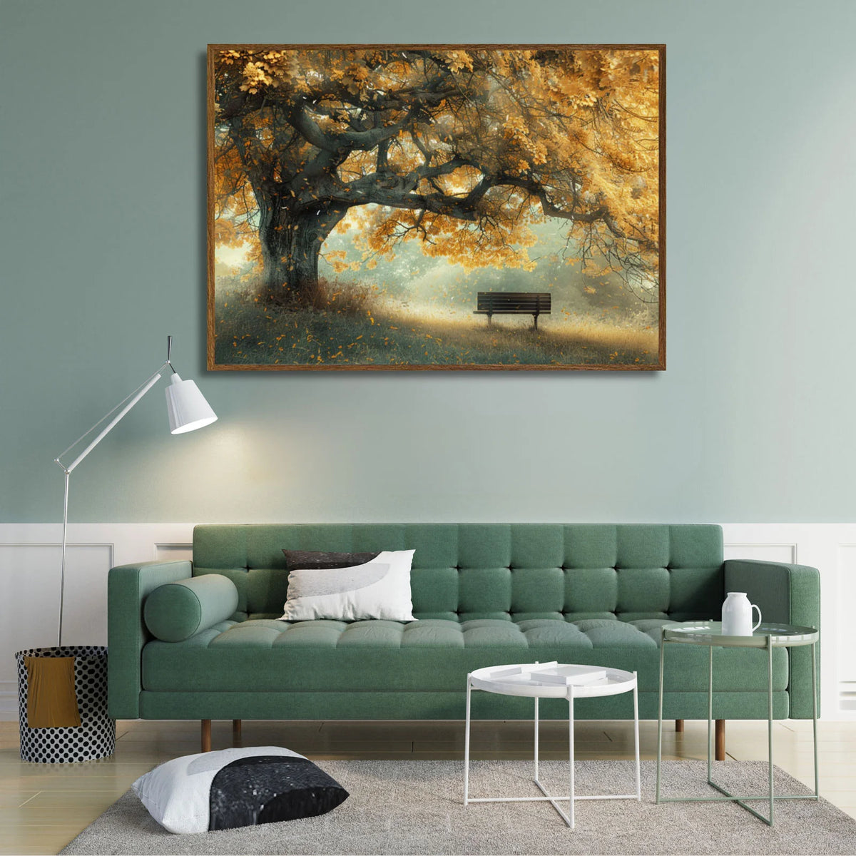 Autumn tree wall art, vintage landscape of golden fall leaves and park bench