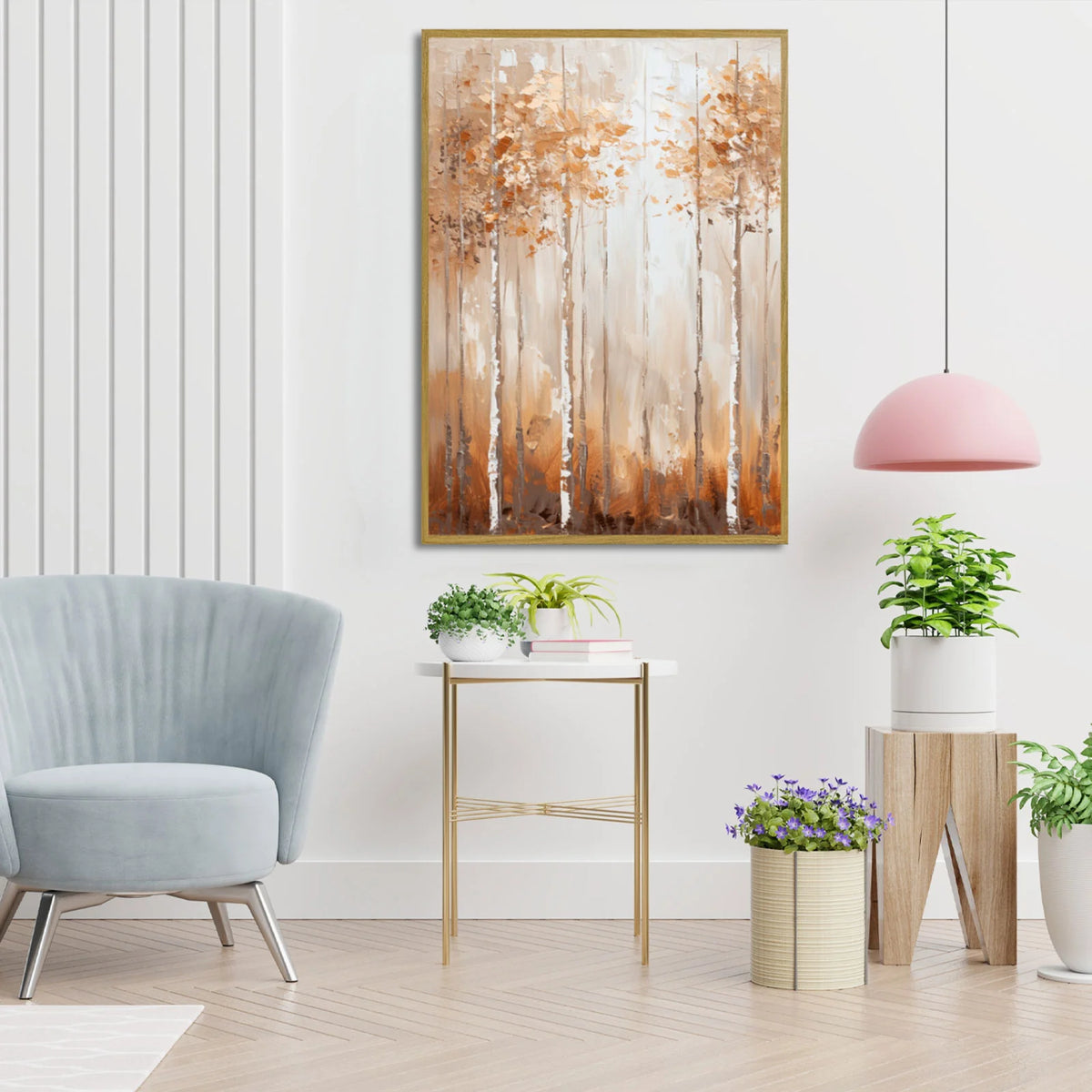 Impasto palette‑knife painting of autumn birch forest with earth‑toned foliage.