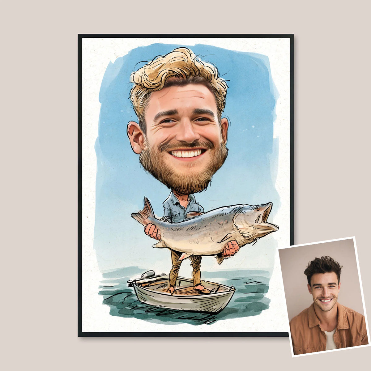 Whimsical caricature drawing for fishing fan, happy bearded man displaying big fish catch