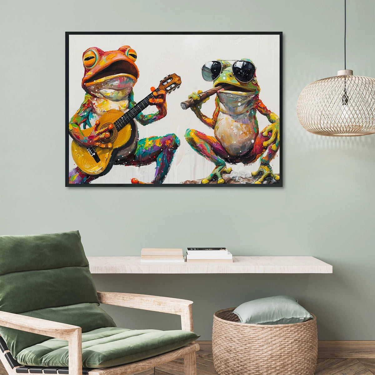 Colorful impasto painting of two funky frogs, one playing acoustic guitar, one wearing sunglasses with cigar, fun animal wall decor