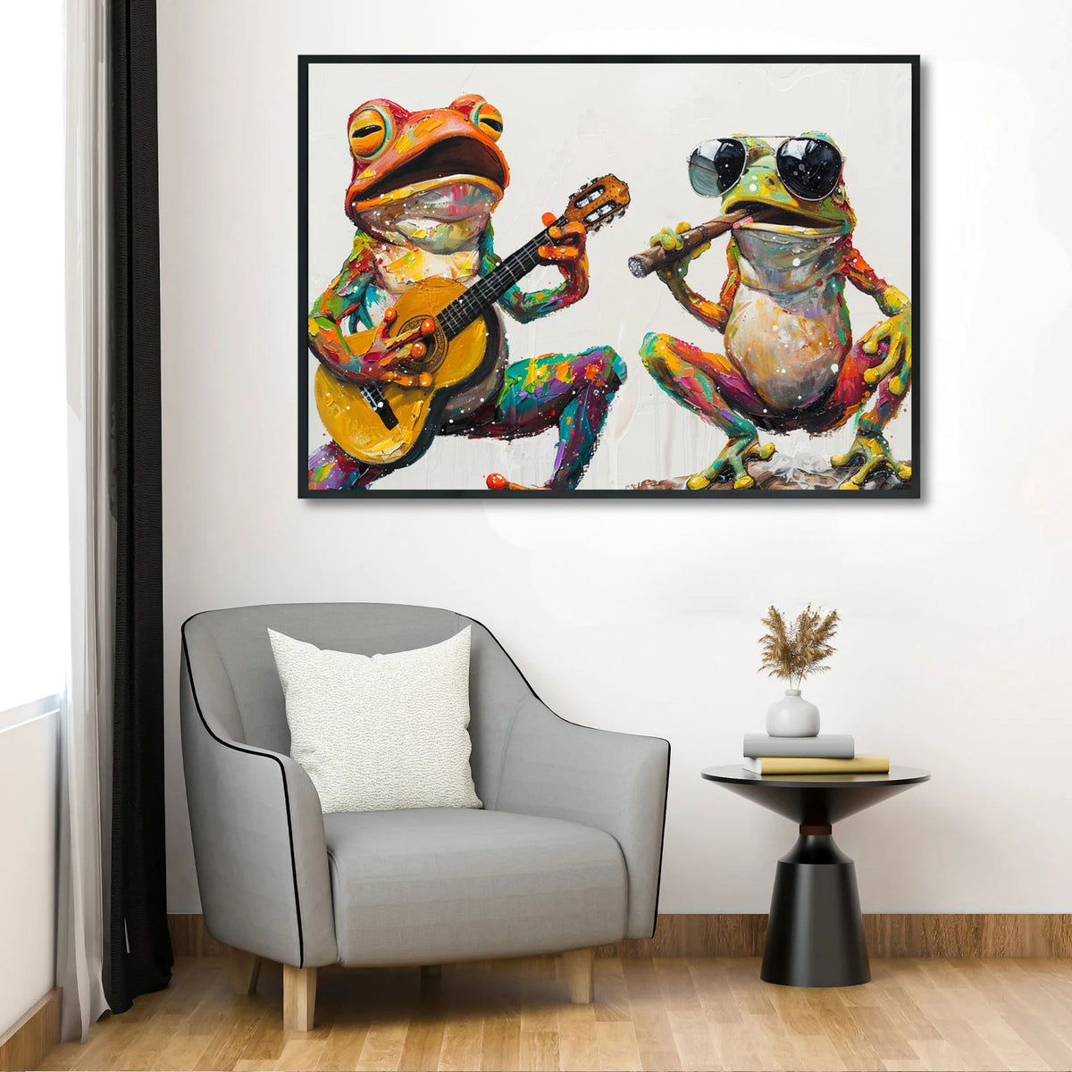 Whimsical thick‑paint artwork featuring two vibrant party frogs playing music for living room wall