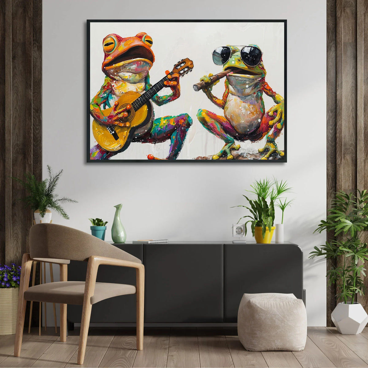 Playful impasto style wall print, two bright‑colored anthropomorphic frogs enjoying music together