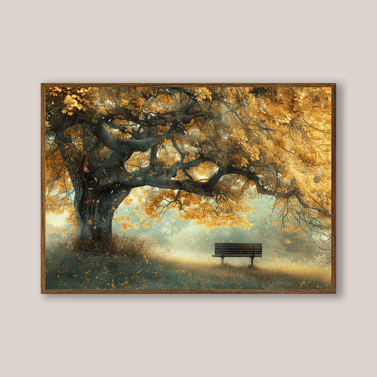 Misty fall landscape canvas, old oak tree with wooden park bench