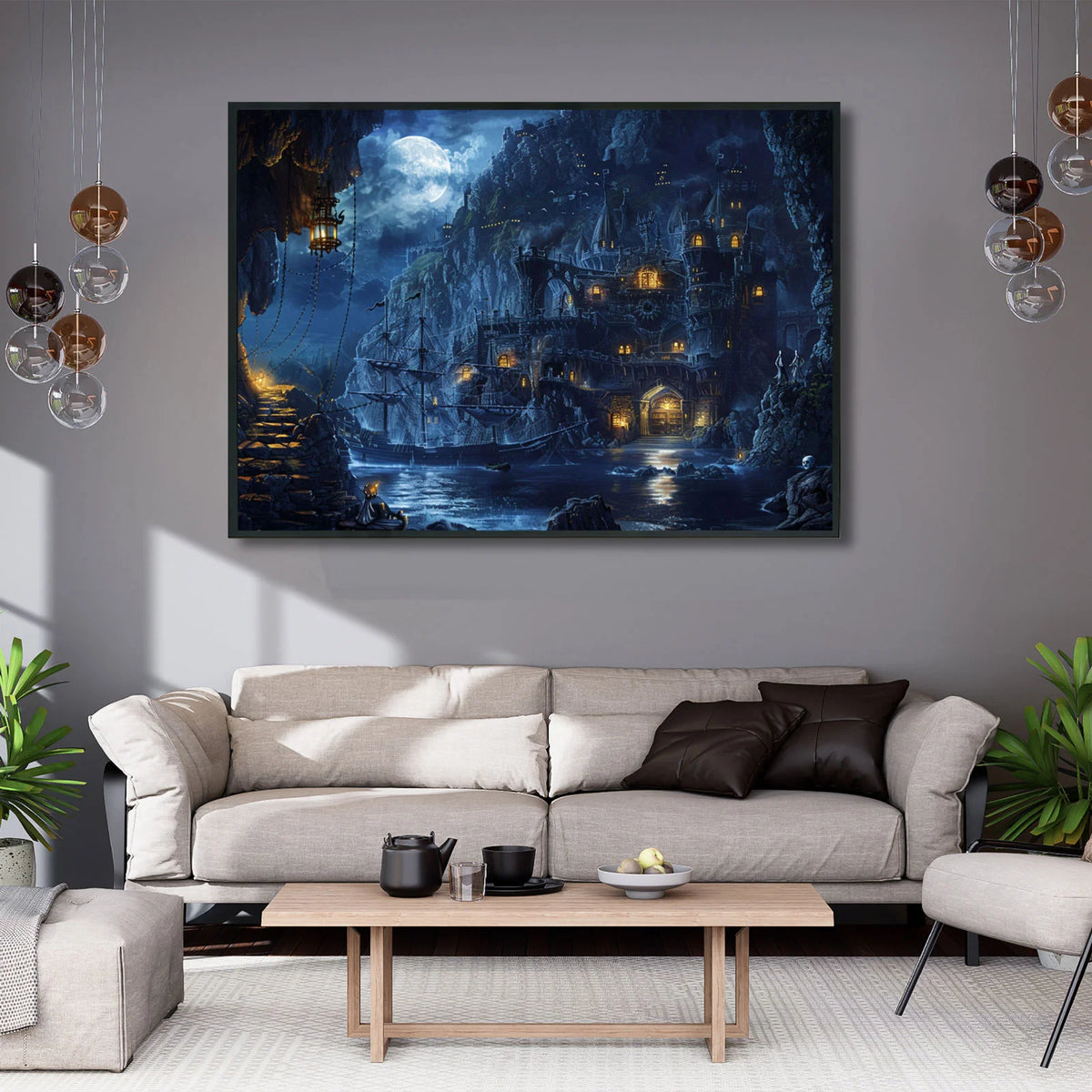 Pirate cove wall art, moonlit hidden harbour fortress carved into cliff rock