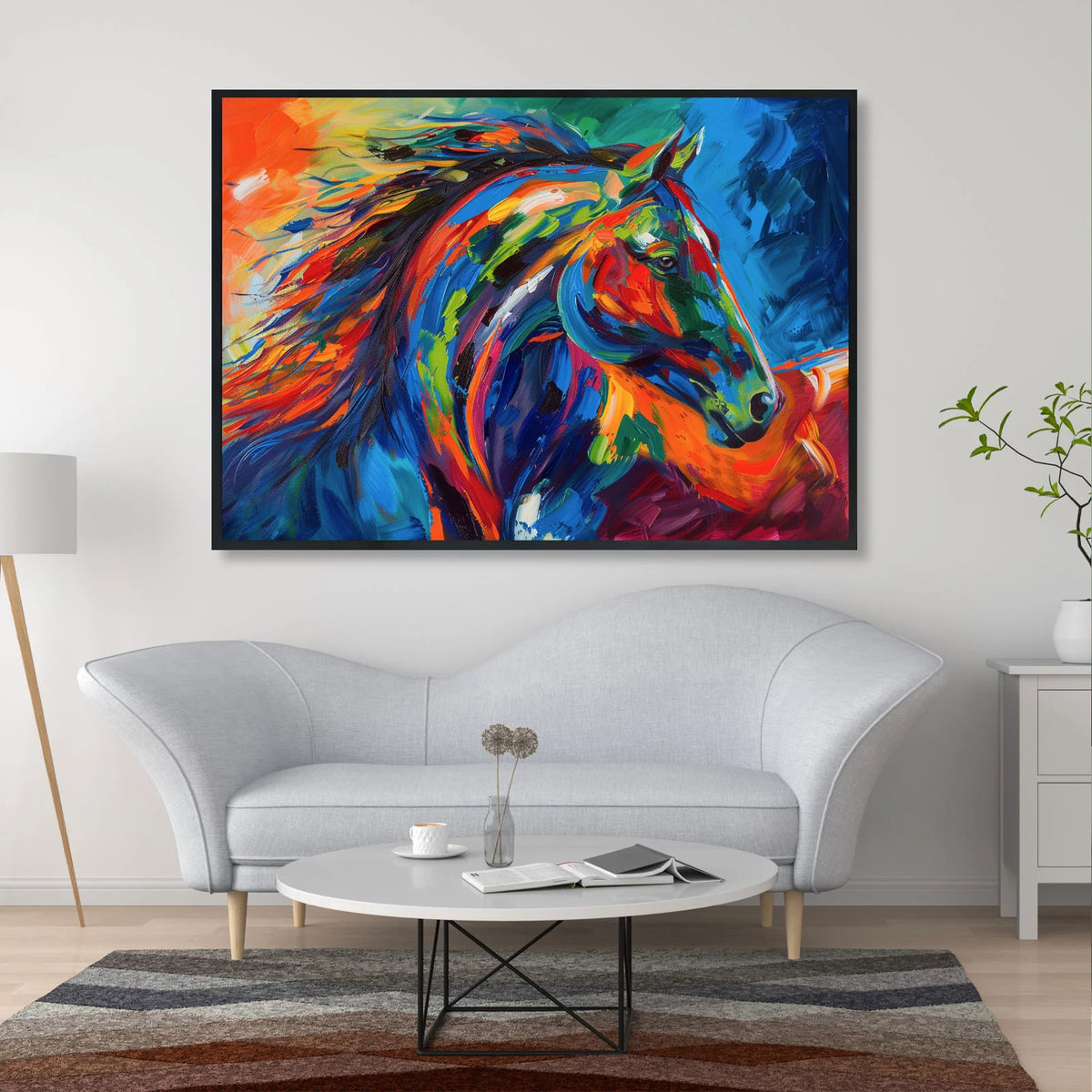 Vibrant horse artwork, impasto style painting of galloping horse