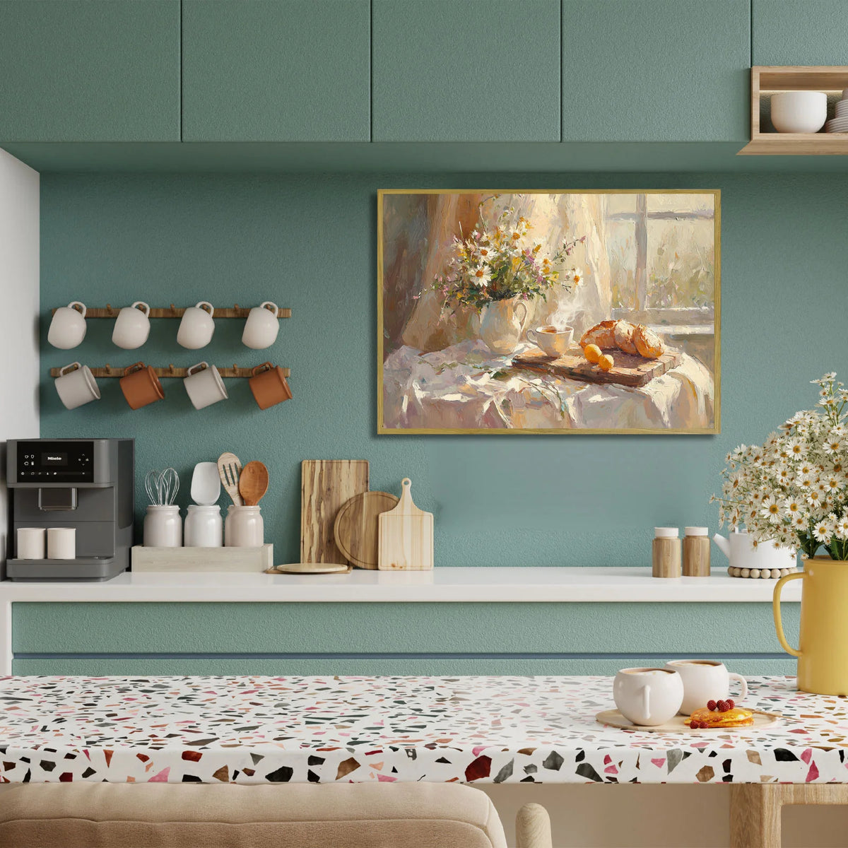 Kitchen still life wall art, wildflowers and breakfast by sunlit window