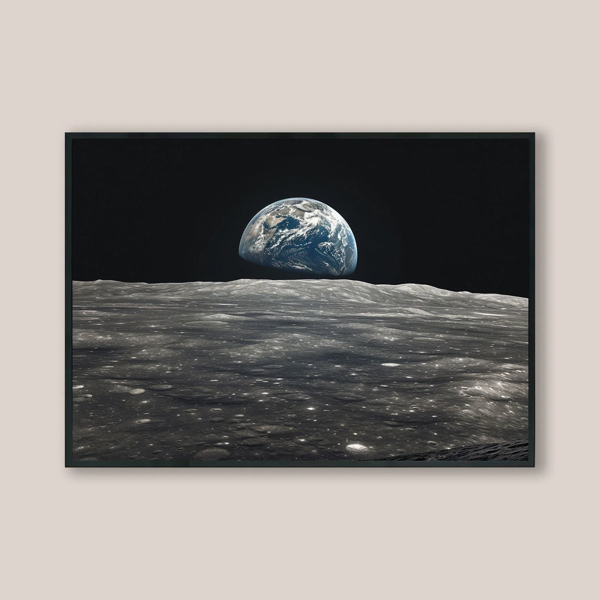 Lunar landscape canvas print showing earthrise over grey moon terrain for astronomy home wall