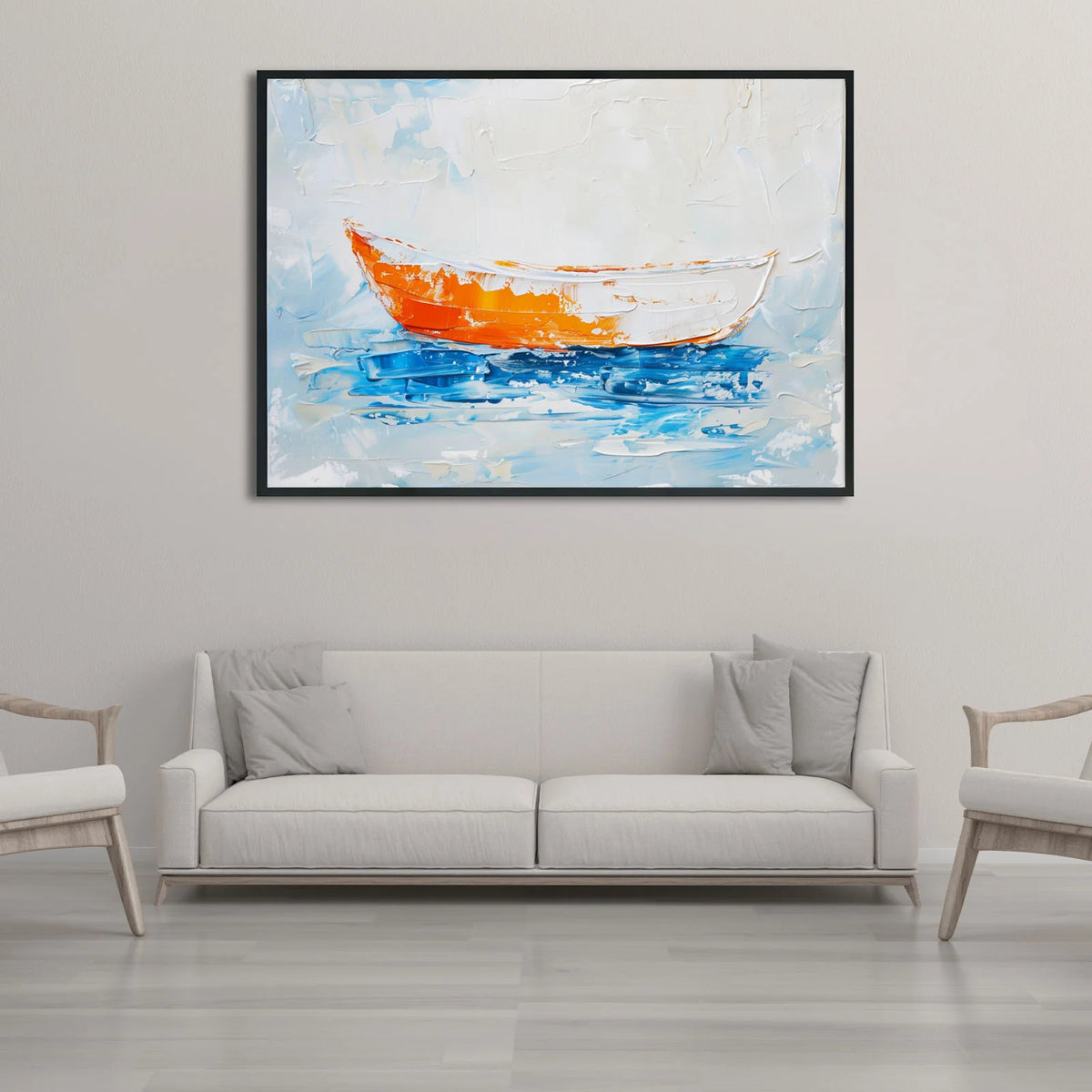 Textured palette knife artwork featuring lone fishing boat floating over calm coastal waters.