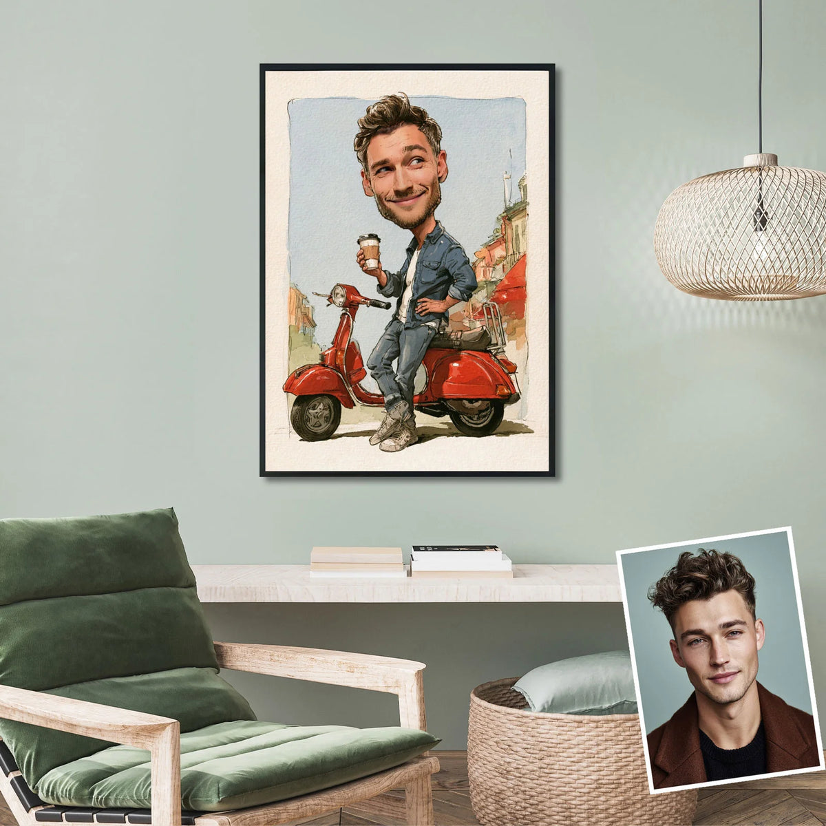 A cartoon portrait customized based on a photo, depicting a man leaning against a red scooter while holding a coffee cup