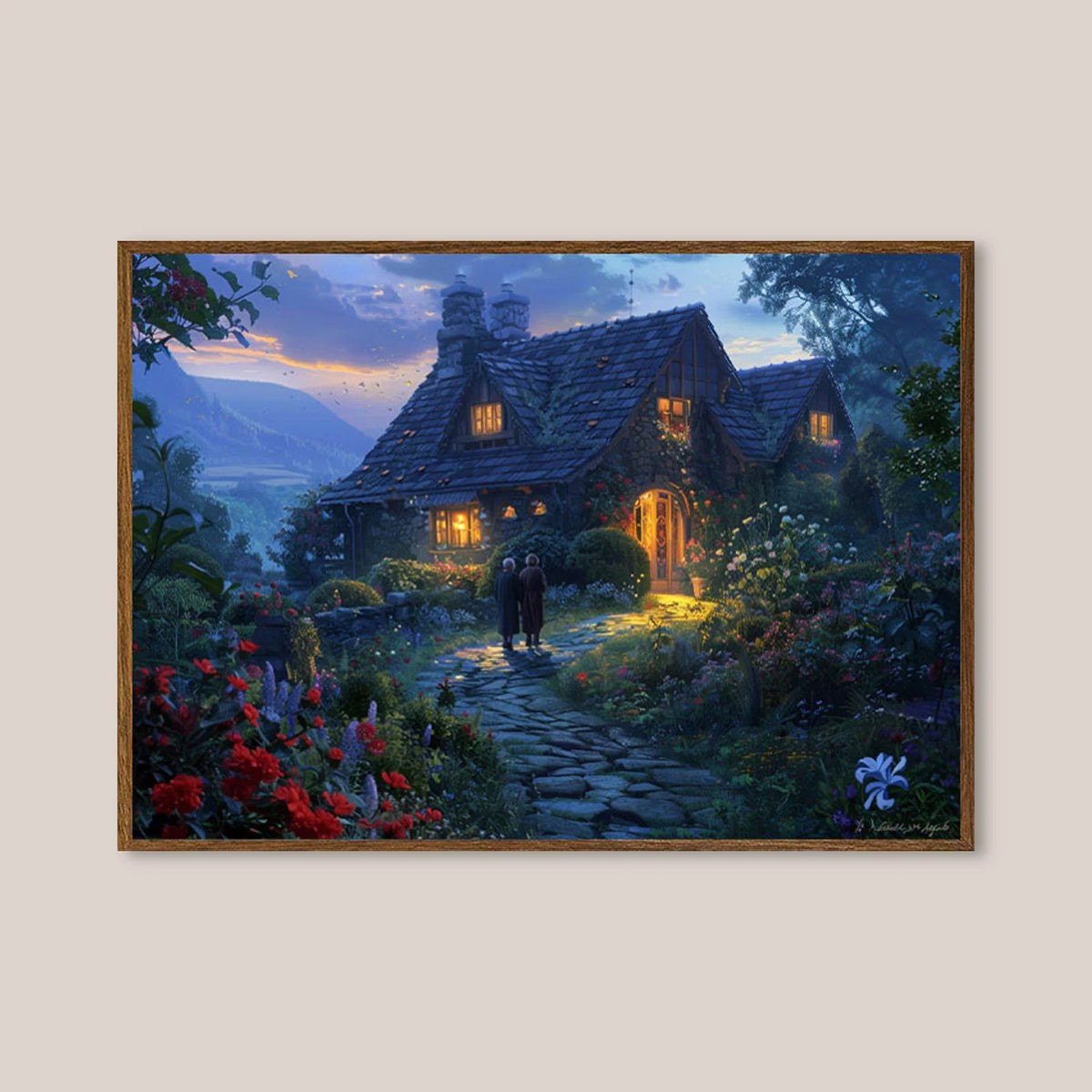 Countryside painting, old mossy cottage surrounded by bright flowers