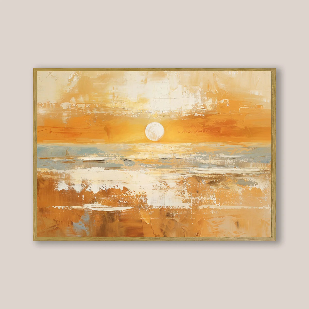 Horizontal orange abstract ocean sunset artwork with heavy paint texture