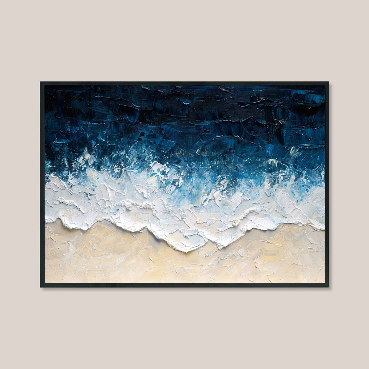 Thick impasto oil painting of crashing ocean waves on sandy beach, coastal wall art for living room