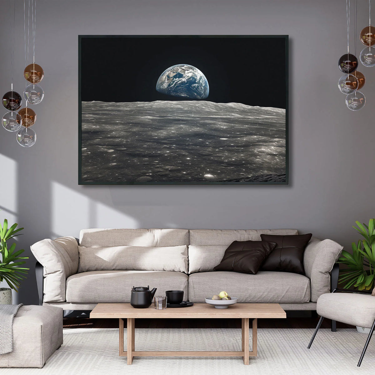 Earth rise moon surface wall print, space cosmic landscape artwork, view of planet earth rising over barren cratered lunar horizon in dark space