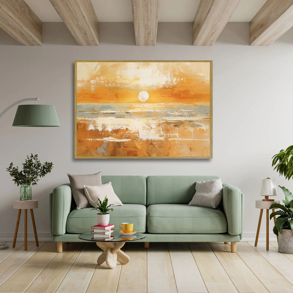 Abstract impasto sunset seascape wall art with thick textured orange paint for living room decor