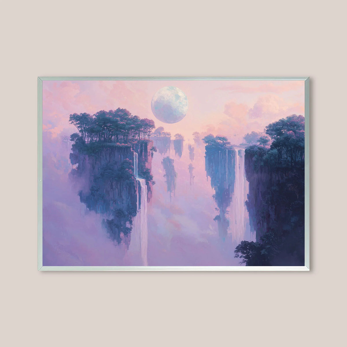 Pastel fantasy canvas art, purple pink sky above floating forest islands