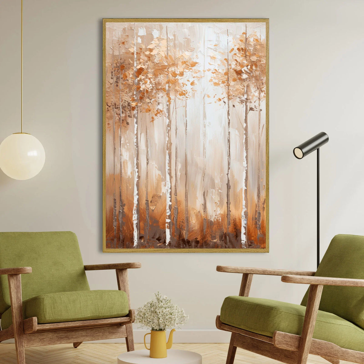Fall birch forest painting, neutral earth tones