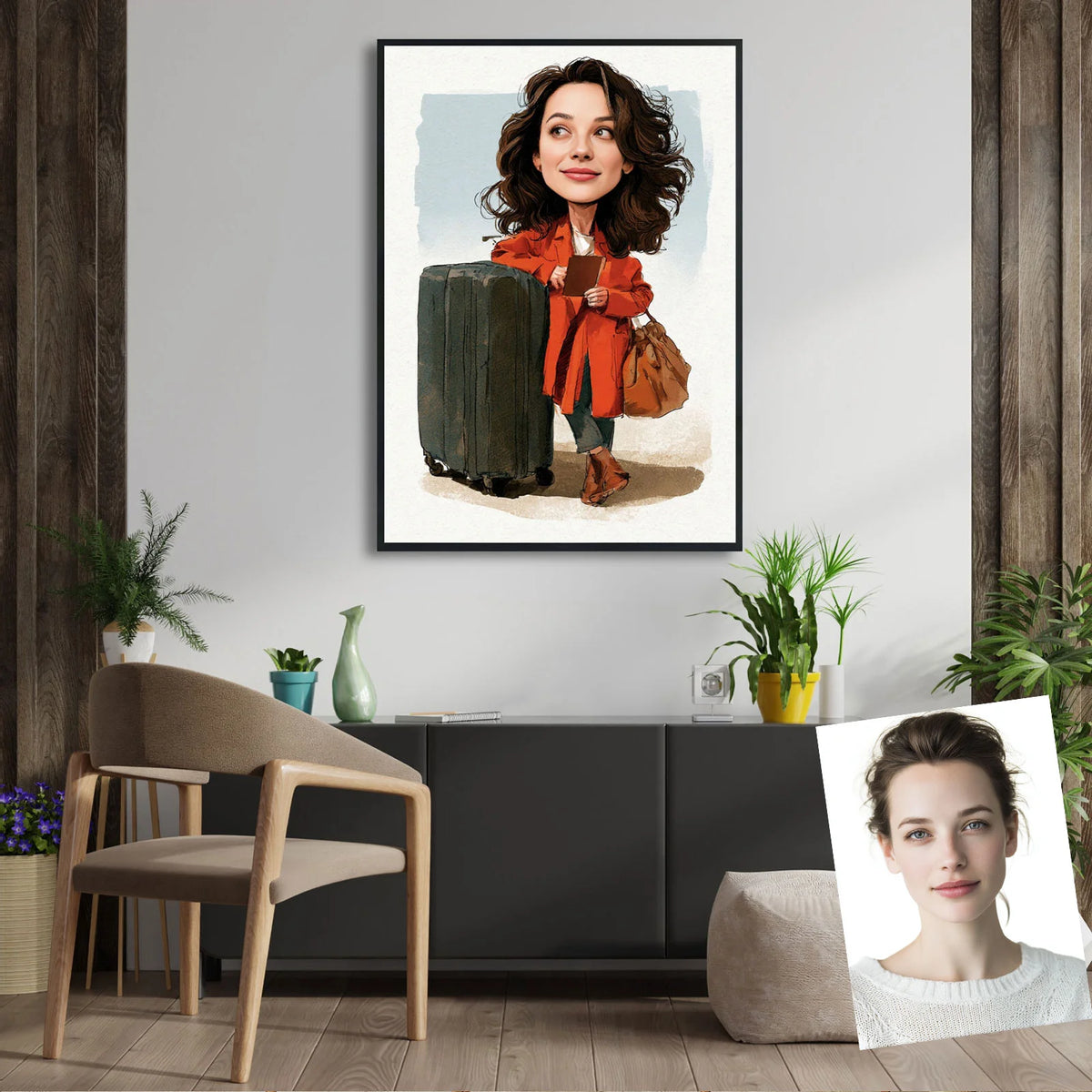 A custom comic portrait of a traveling girl wearing an orange jacket and holding a passport
