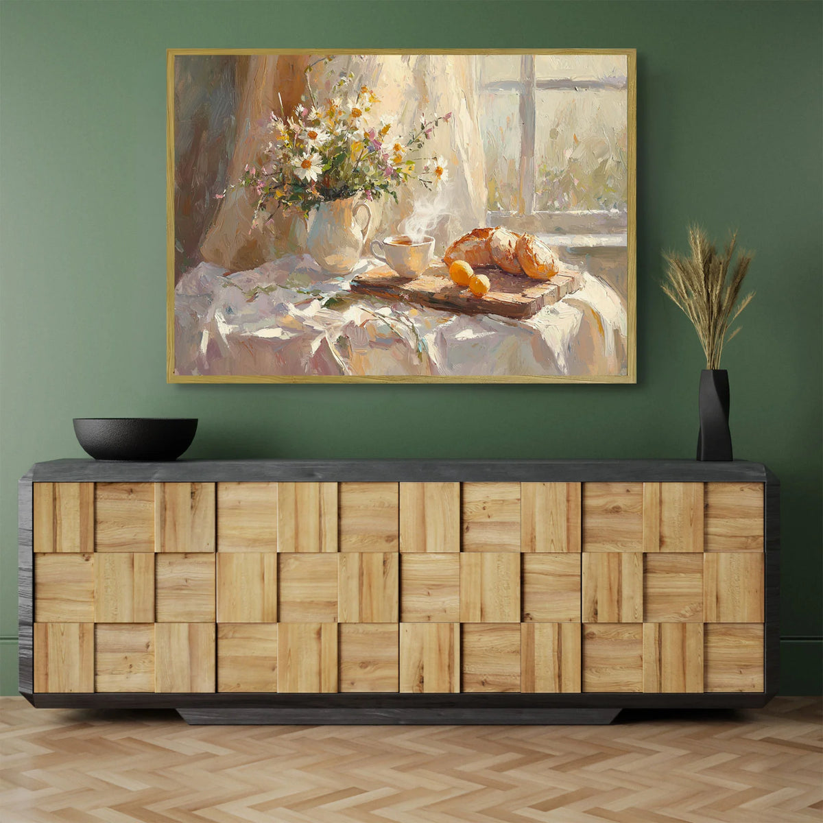Impressionist still‑life wall art, morning breakfast setup with fresh blooms on linen tablecloth