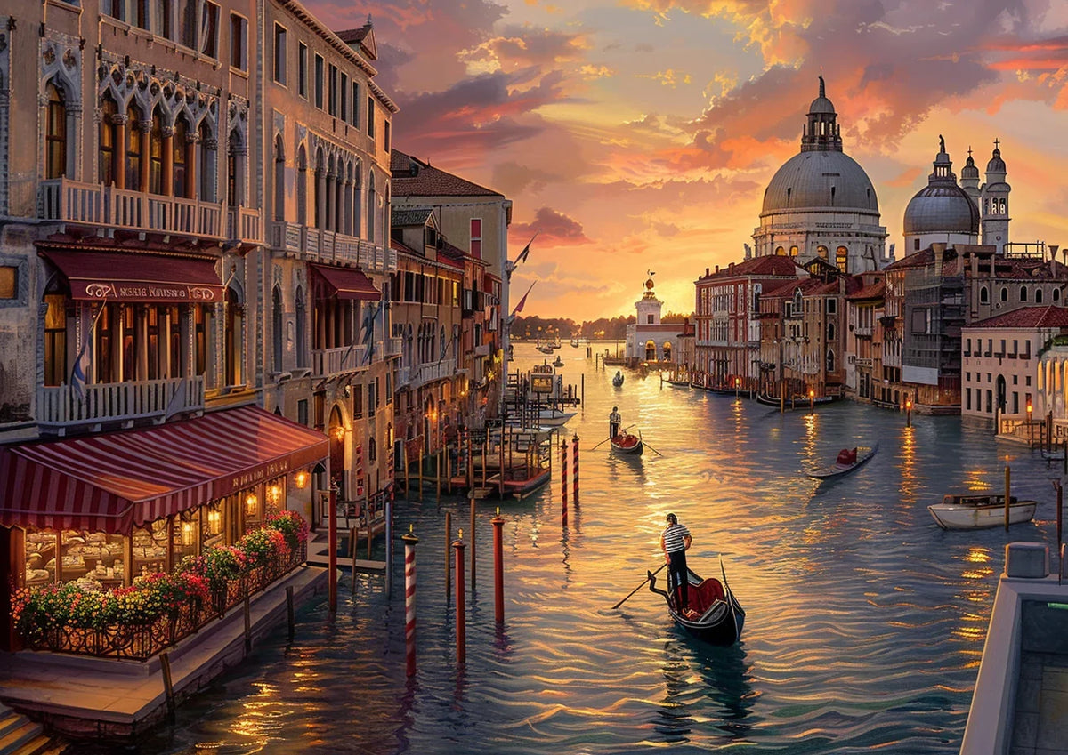 An artistic painting depicting a sunset over the canals of Venice, with a gondola gliding slowly between ancient European buildings