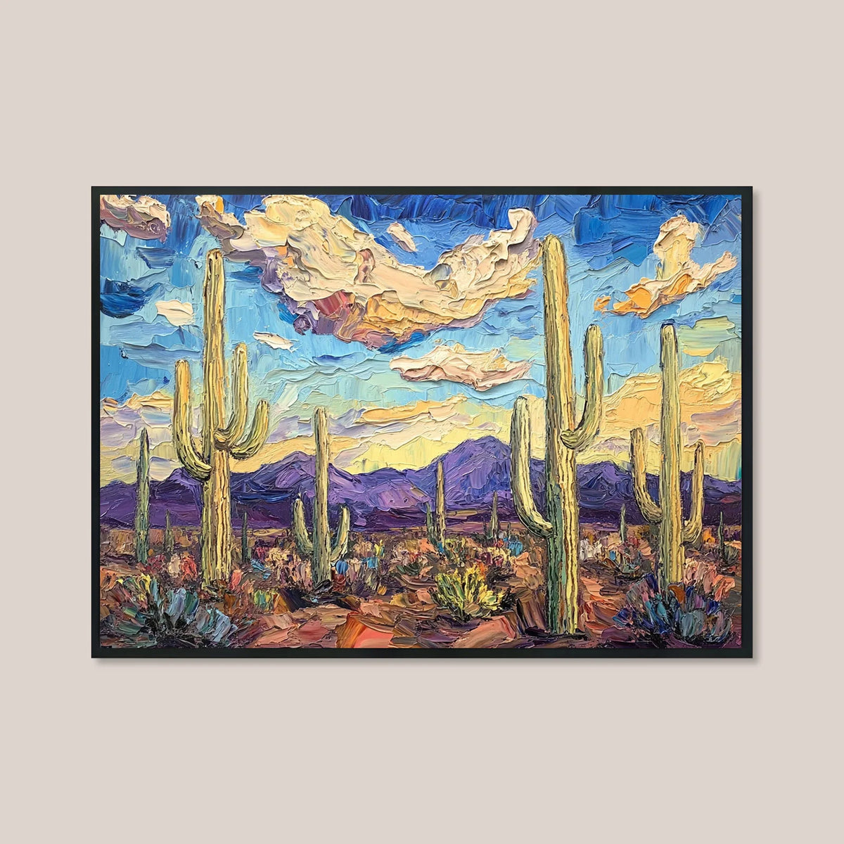 Southwestern desert canvas, saguaro cacti under colourful sky