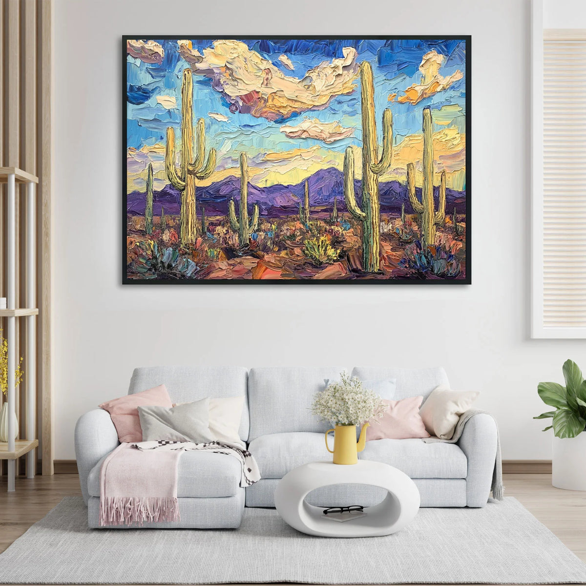 Textured Arizona desert canvas with saguaro cacti and turquoise twilight sky for modern ranch living room decor