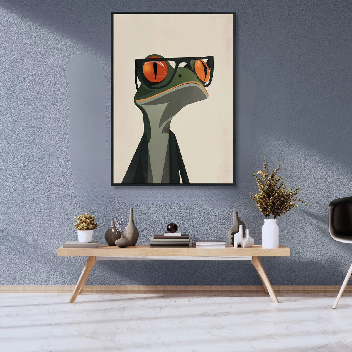 Green frog wearing black glasses, minimalist wall art for study room