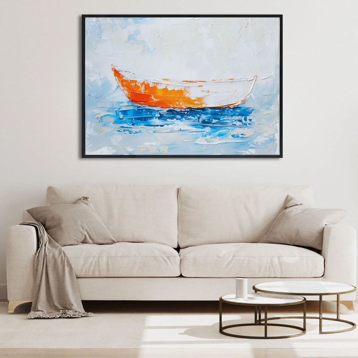 Thick impasto oil painting of small orange‑white boat resting on blue rippled sea surface.