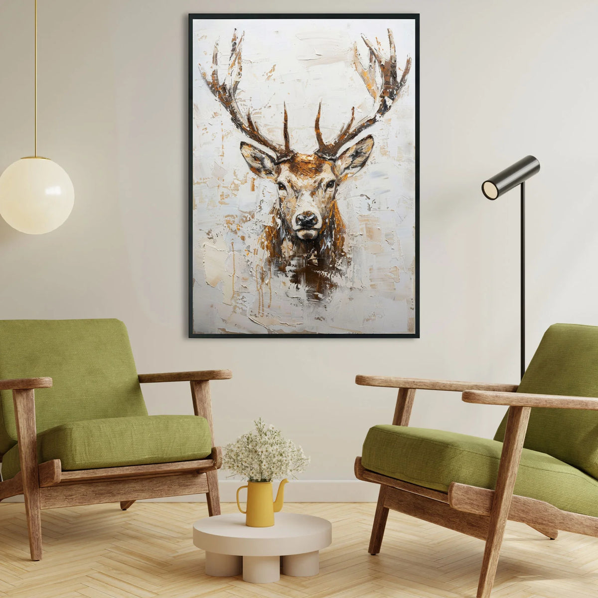 Rustic wildlife wall print, textured stag deer painting, neutral palette for modern farmhouse interior