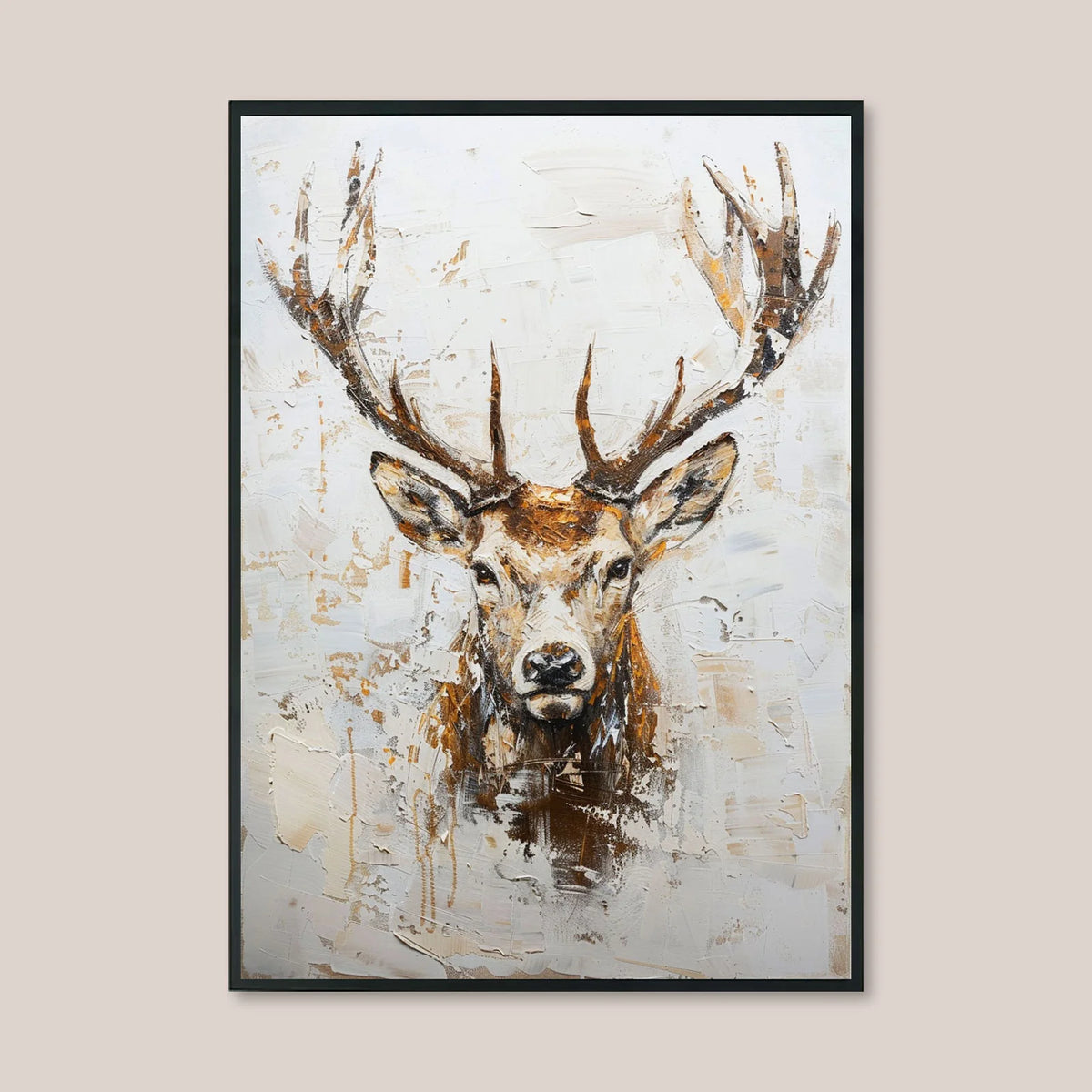 Impasto oil portrait of stag with large antlers, earthy brown tones over rough white painted surface