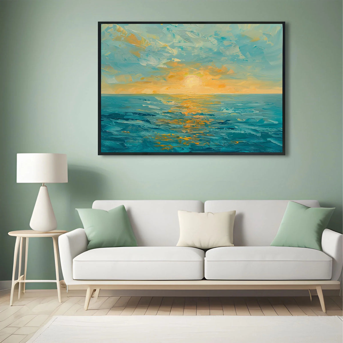 Palette knife seascape canvas print, golden sunset over teal ocean wall decor