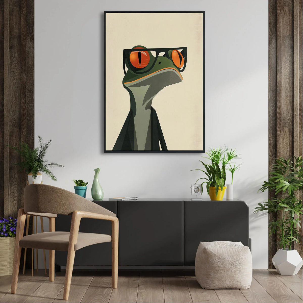 Pop art frog portrait with black glasses, quirky animal canvas print for modern living room