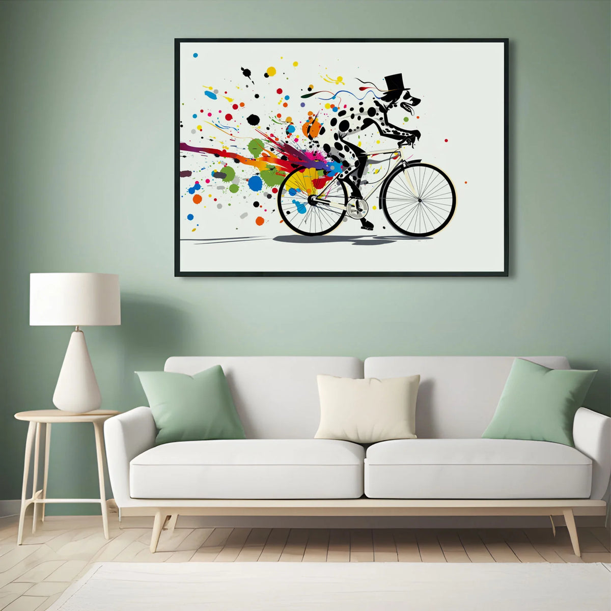 Funky dalmatian bike rider wall art, vibrant paint splash pop art poster for modern room