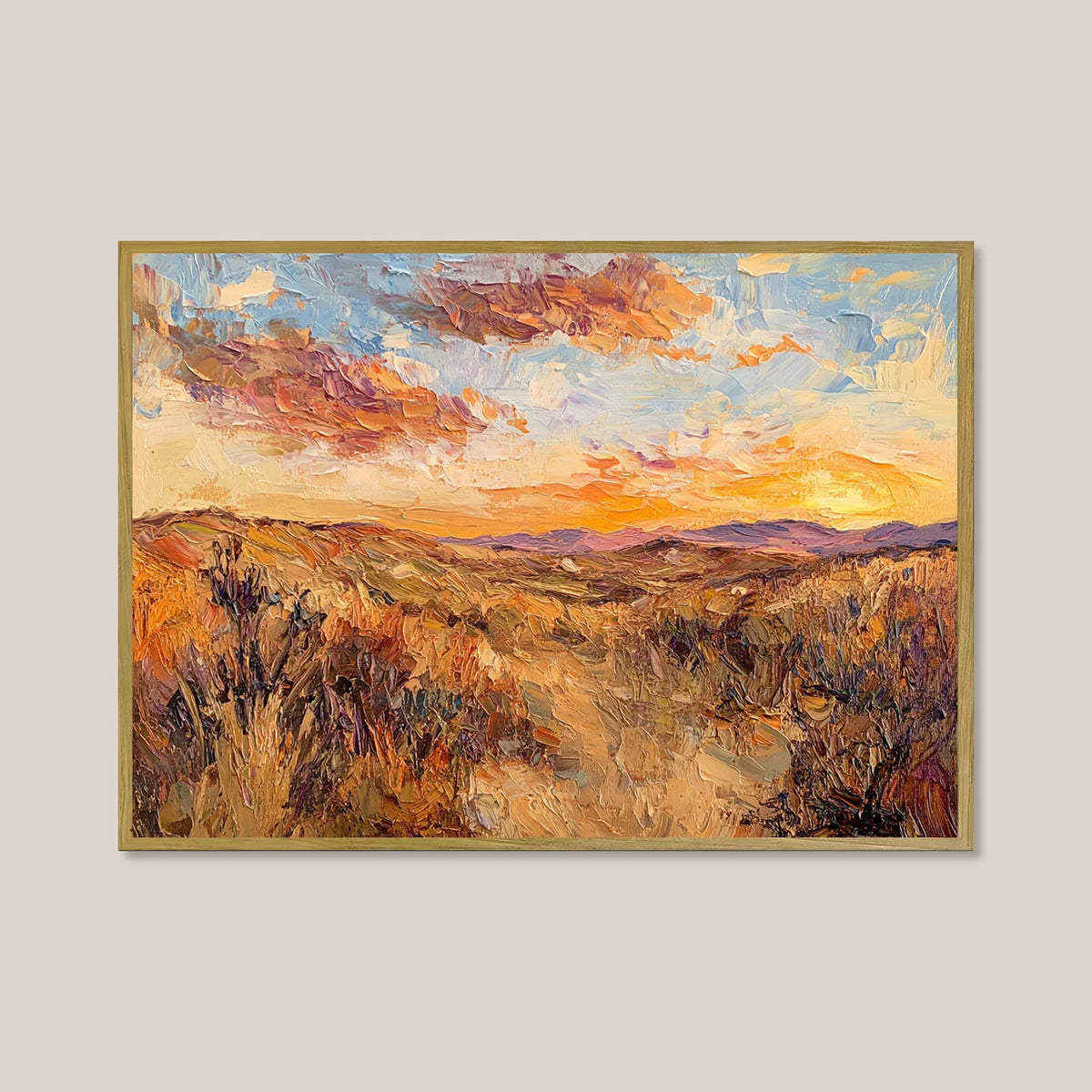 Sunset wilderness painting, warm golden hills