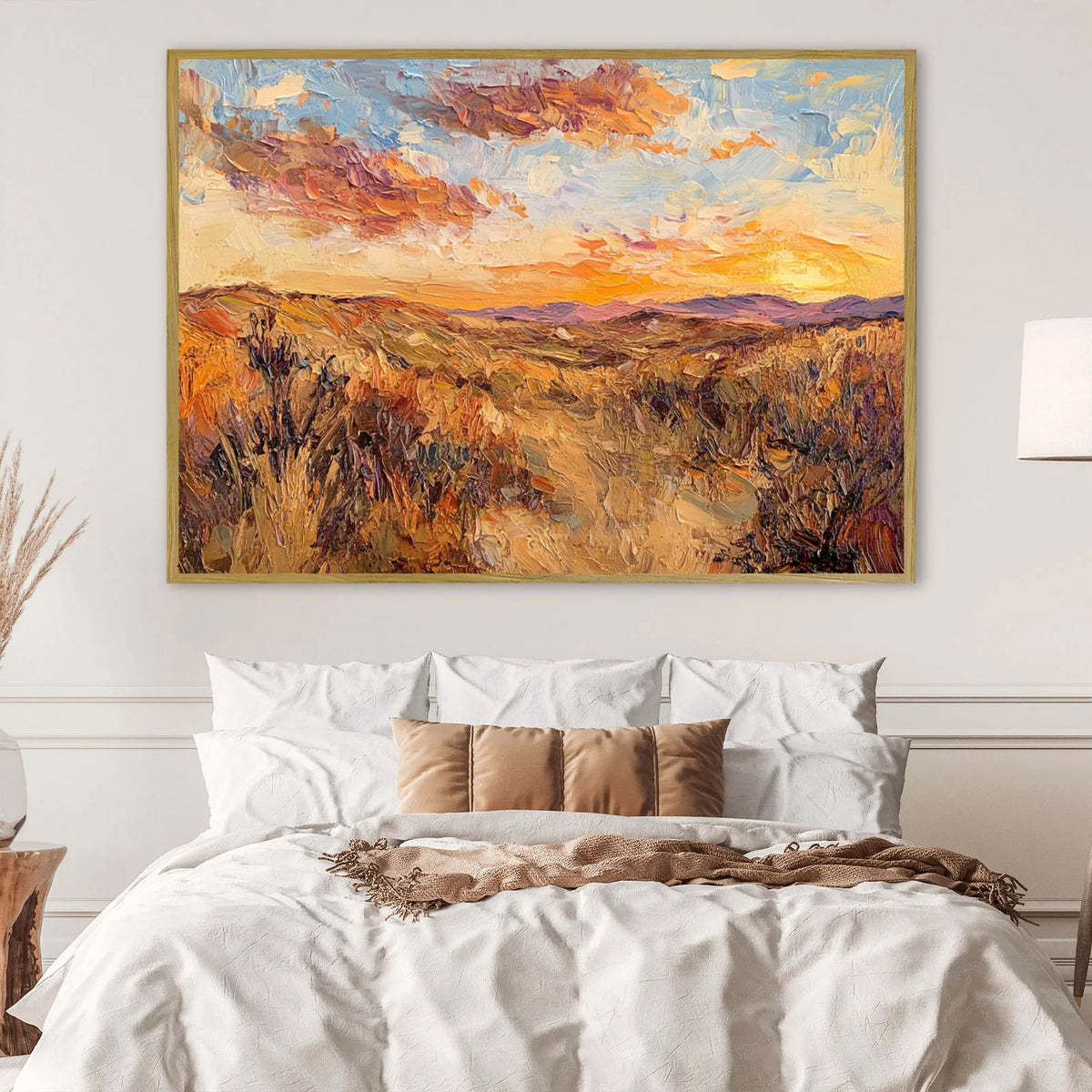 Wilderness landscape with coral and lavender sunset sky for Southwestern farmhouse wall decor