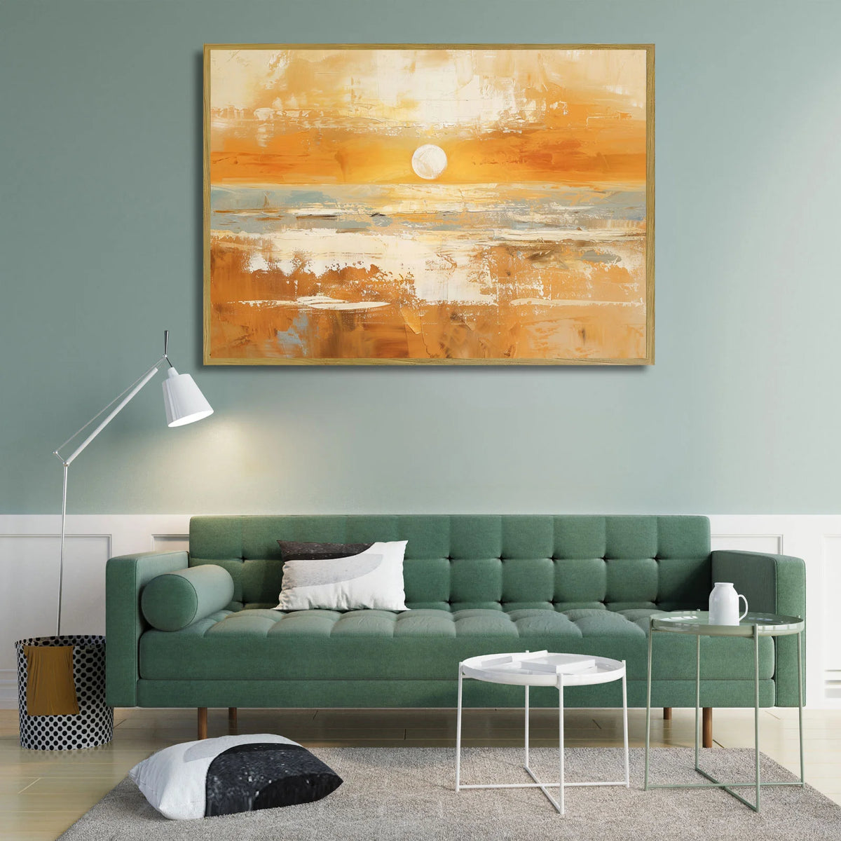 Textured palette‑knife ocean sunset painting in warm orange tones for modern home wall