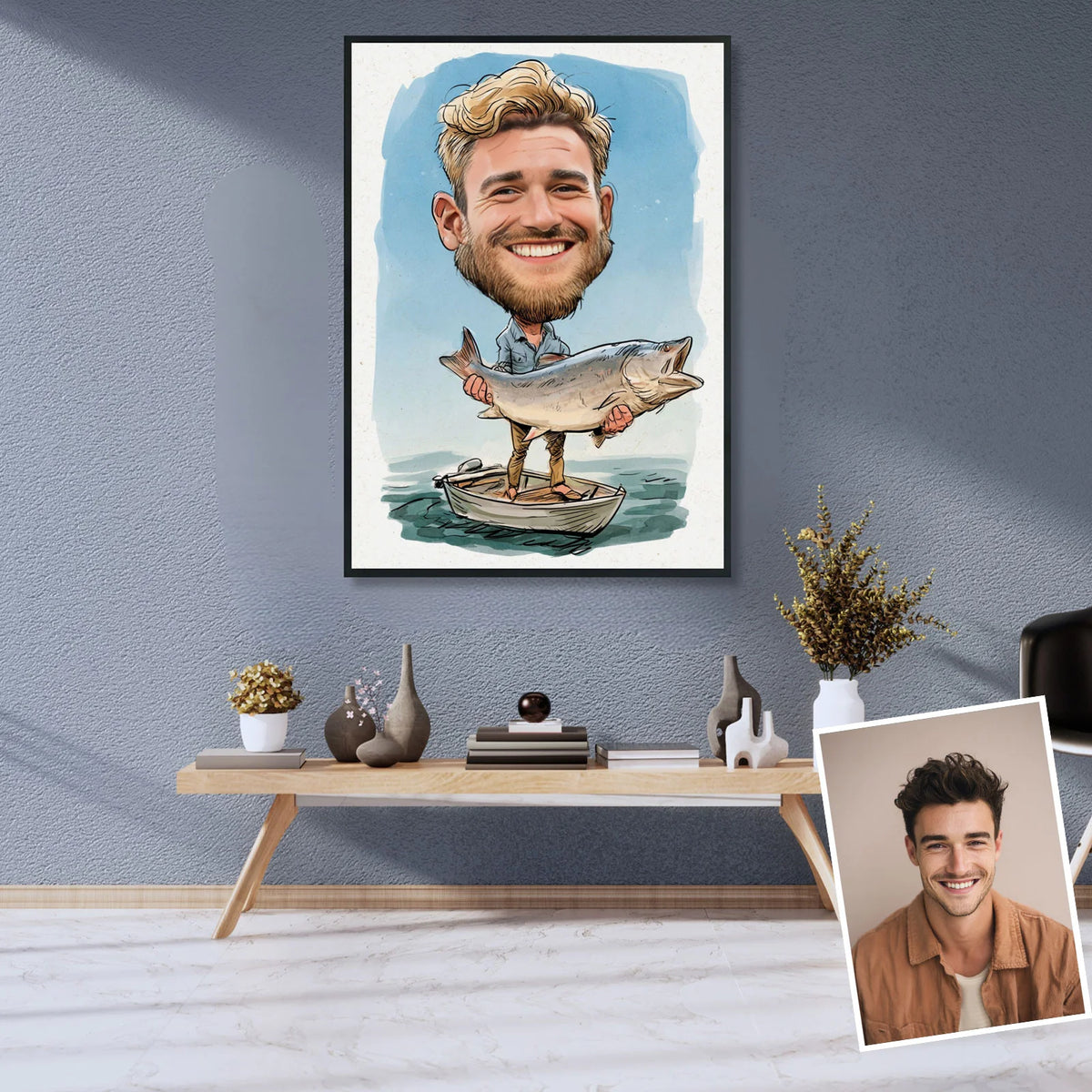 Personalized fishing caricature wall art, happy angler showing off large fish catch