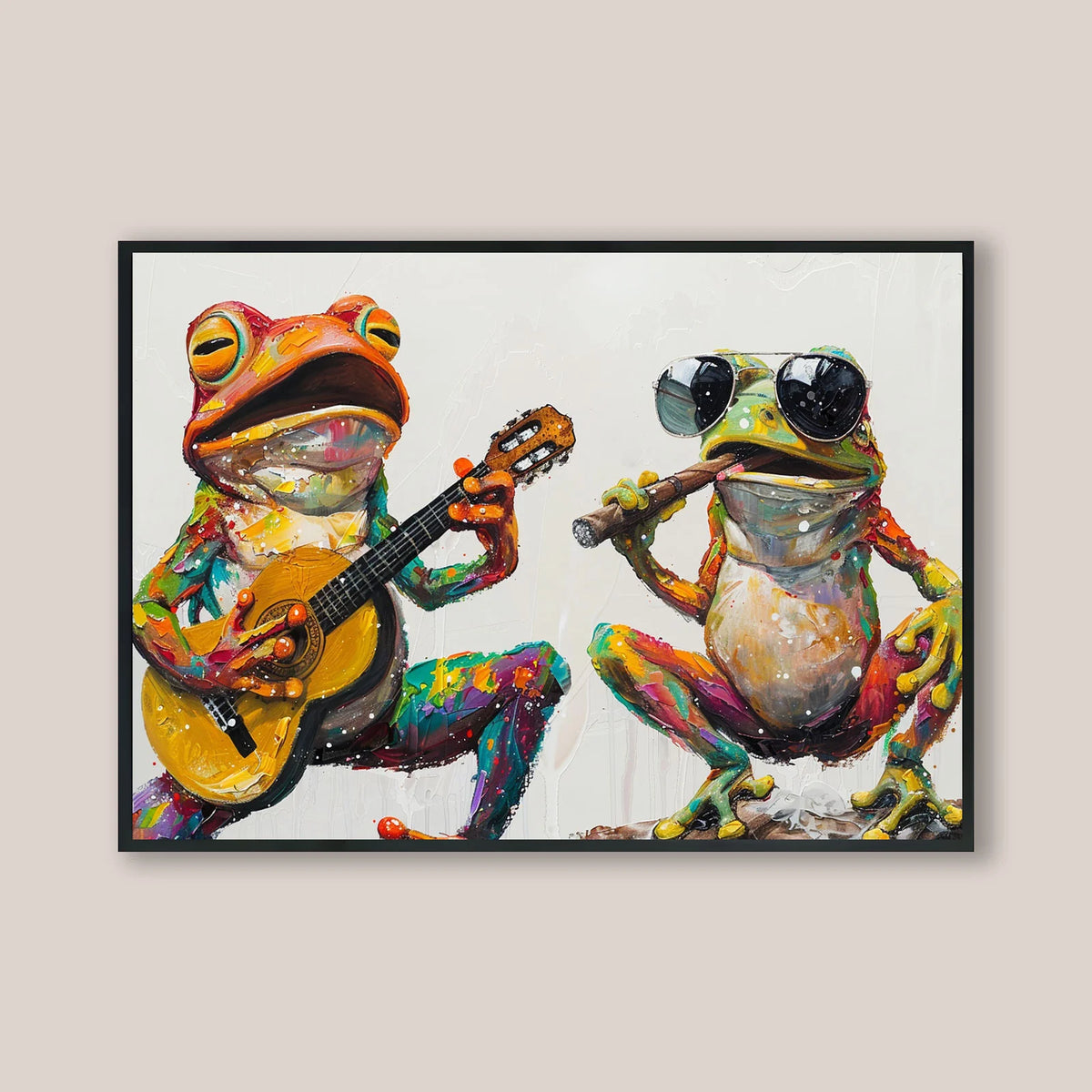 Bold textured painting of two cool fun frogs, one strumming guitar, another in sunglasses with cigar accent
