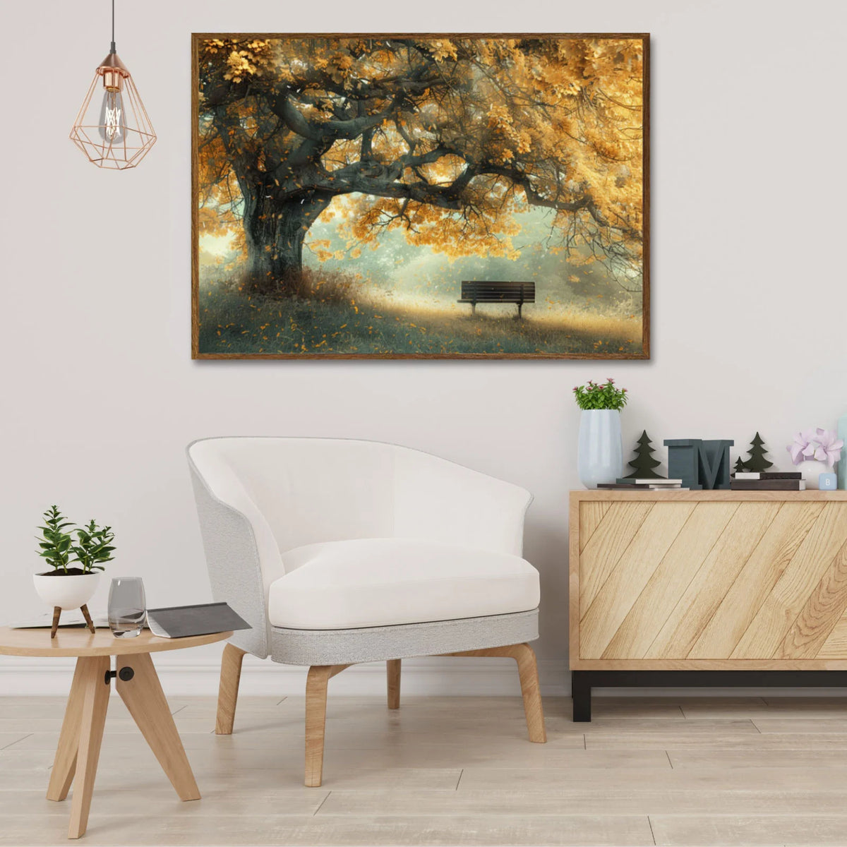 Framed wall art of huge old oak tree, golden autumn foliage and empty wooden bench in soft misty countryside meadow