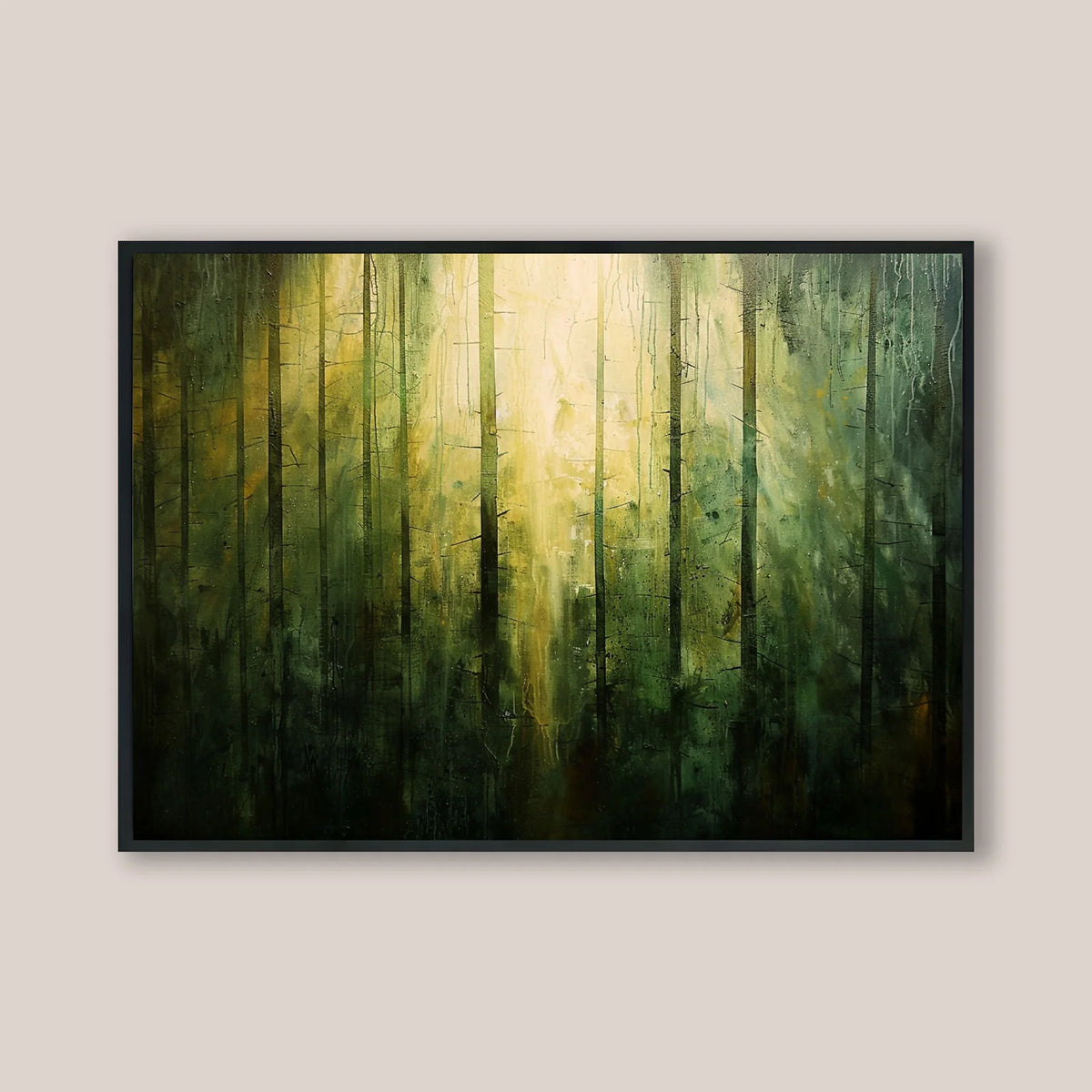 woodland canvas print, glowing backlight deep green forest for modern home interior
